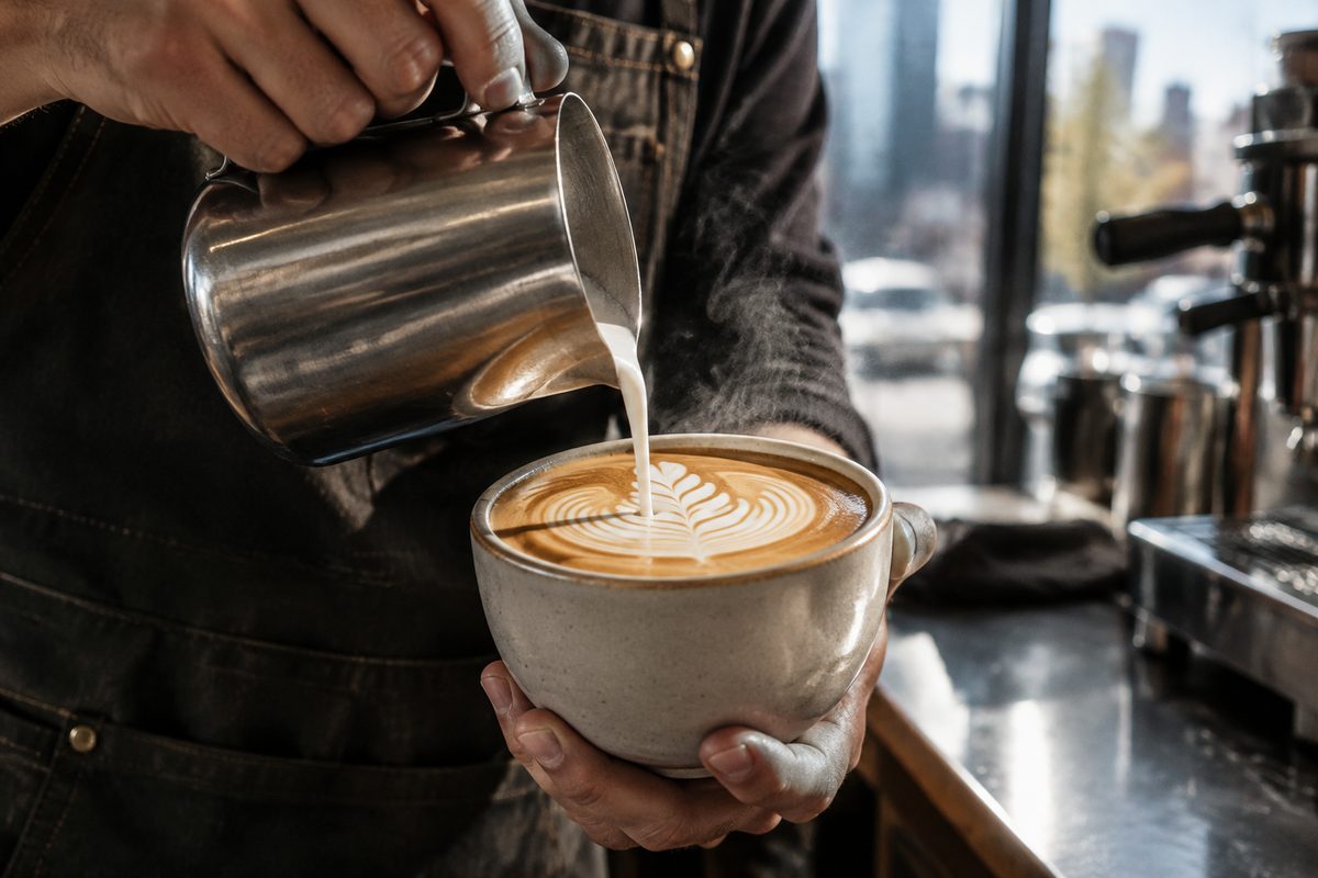 Freshly poured hot latte with rising steam served at the barista pass