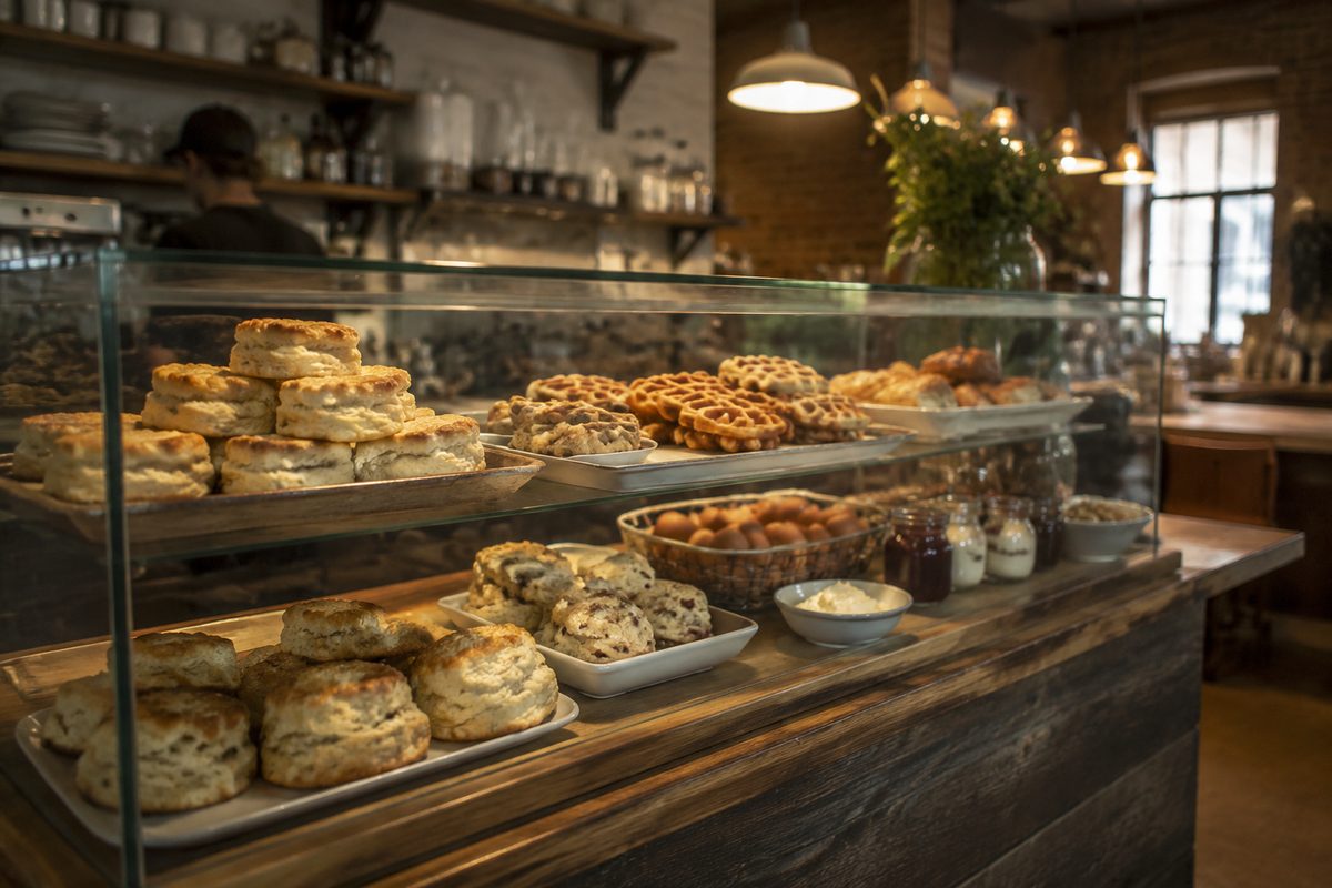 Counter display case showing fresh biscuits and morning baked items