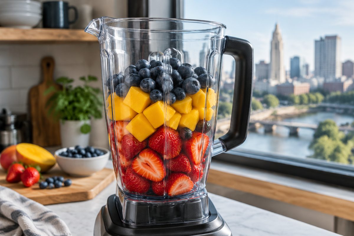 High-speed blender loaded with fresh whole strawberries, mango, and blueberries