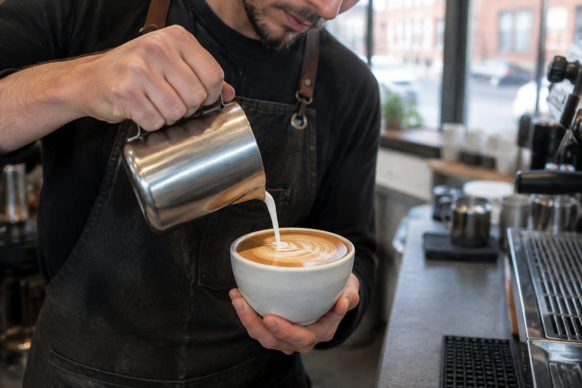 Barista pouring velvety steamed milk into a cappuccino cup