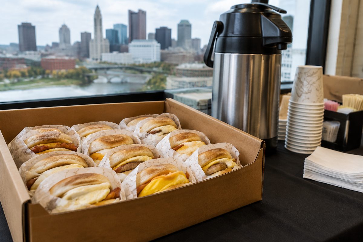 Group breakfast catering box with hot sandwiches and insulated coffee dispenser