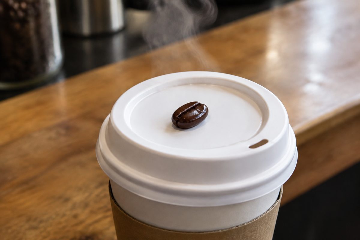 Signature dark chocolate-covered roasted coffee bean resting on coffee cup lid
