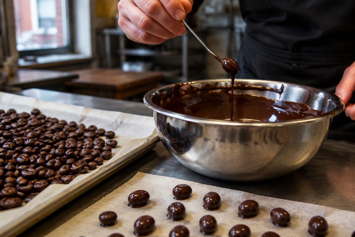 Whole roasted espresso coffee beans being coated in rich dark chocolate