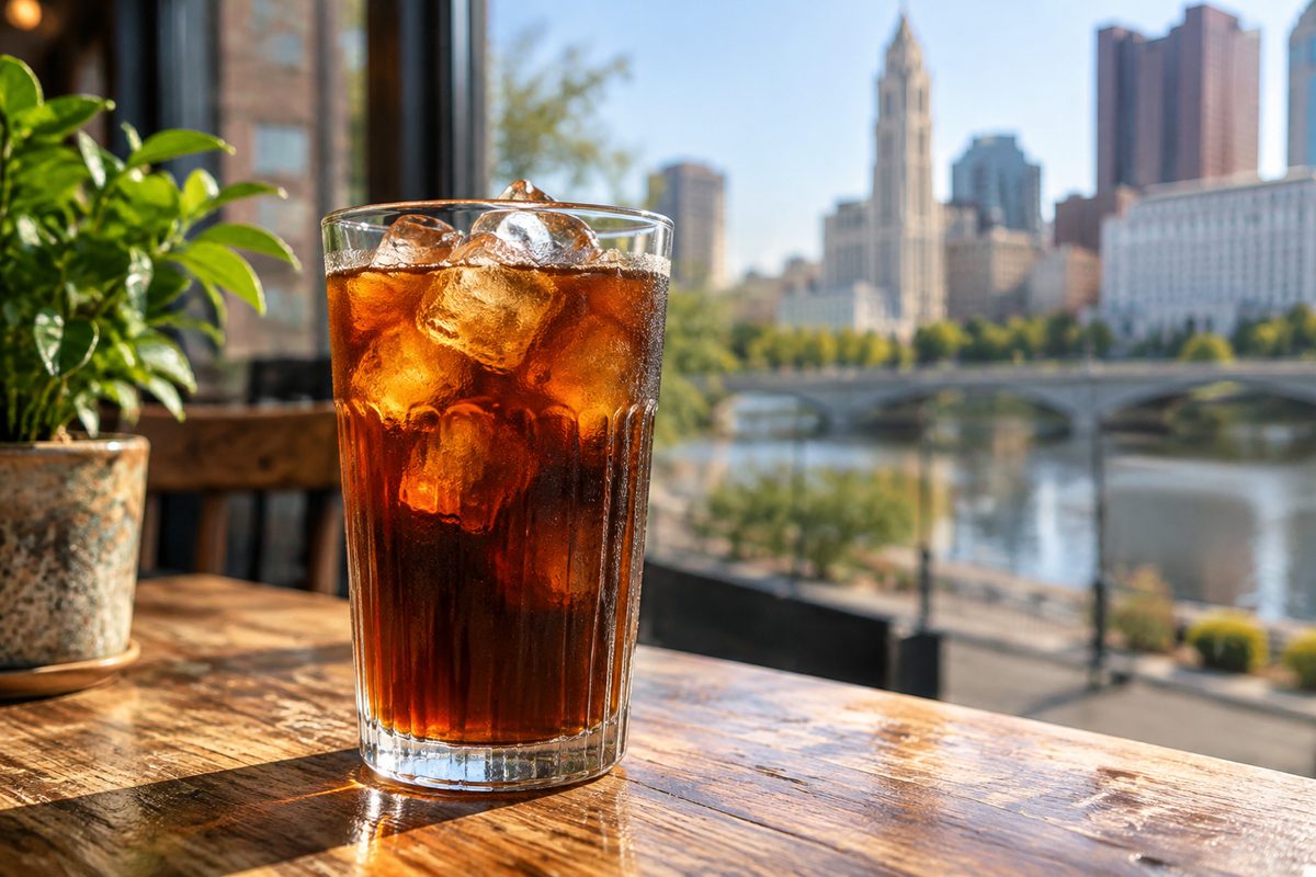 Tall glass of slow-steeped cold brew coffee served over dense clear ice