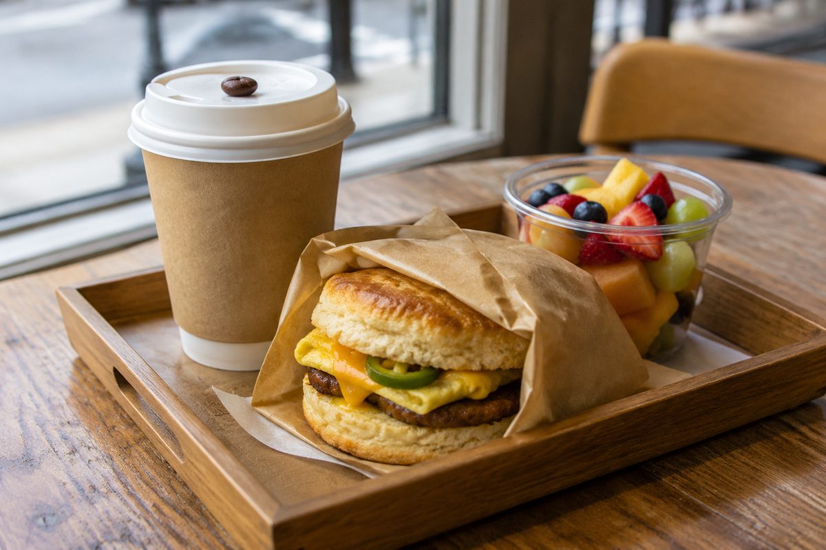 Morning breakfast combo featuring hot latte and fresh biscuit sandwich on tray
