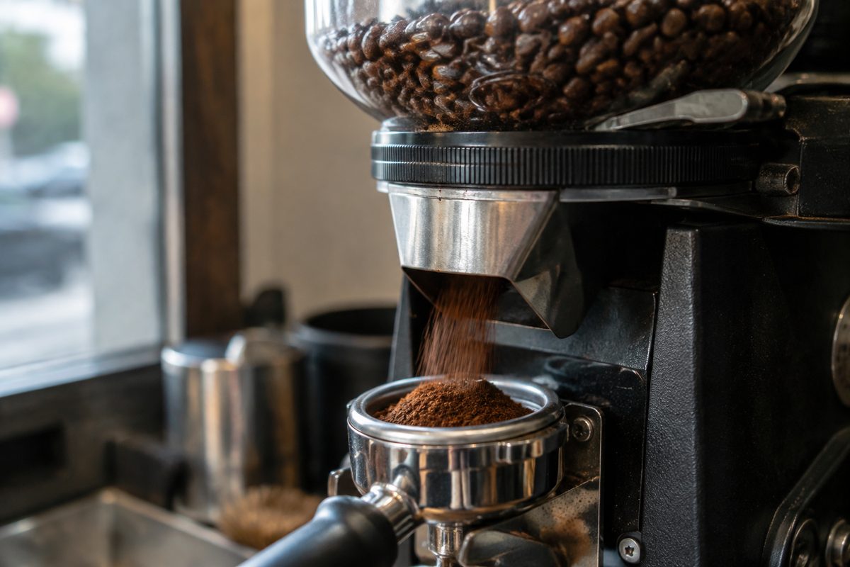 Commercial coffee grinder hopper filled with roasted whole coffee beans