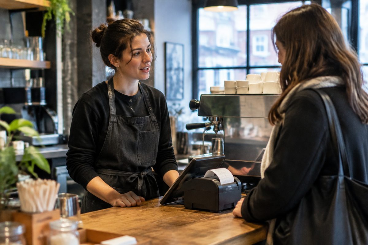 Barista attending customer inquiry at the counter service pass