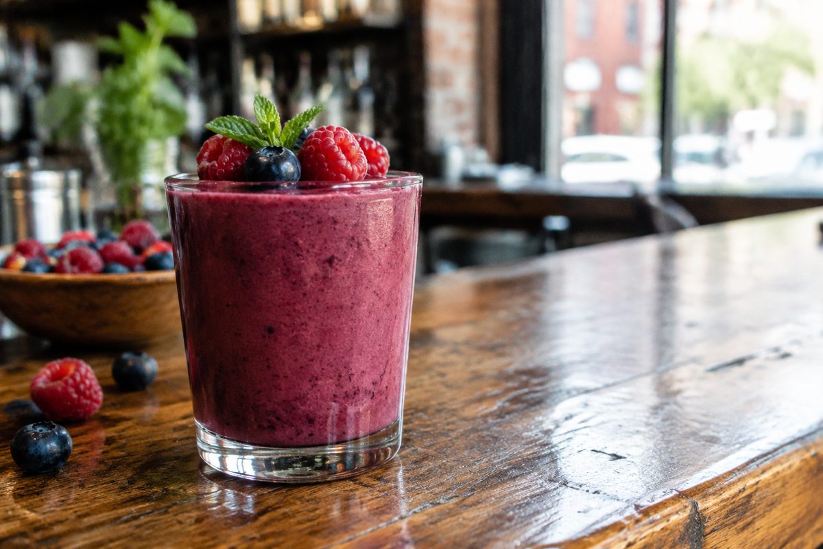 Real fruit berry smoothie in a tall glass surrounded by whole berries