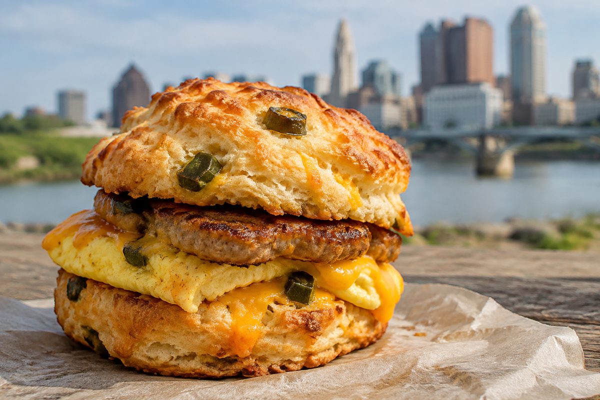 Scratch jalapeno cheddar biscuit breakfast sandwich sliced open