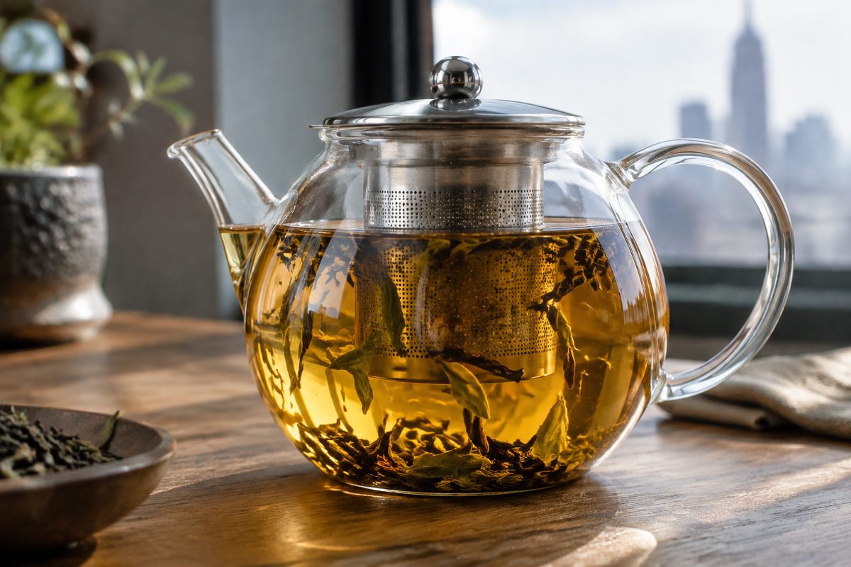 Whole tea leaves steeping inside a clear glass teapot with stainless infuser
