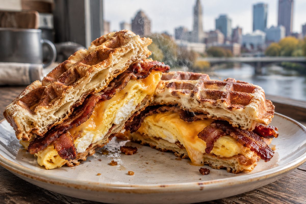 Crispy golden maple waffle breakfast sandwich with egg, bacon, and cheddar