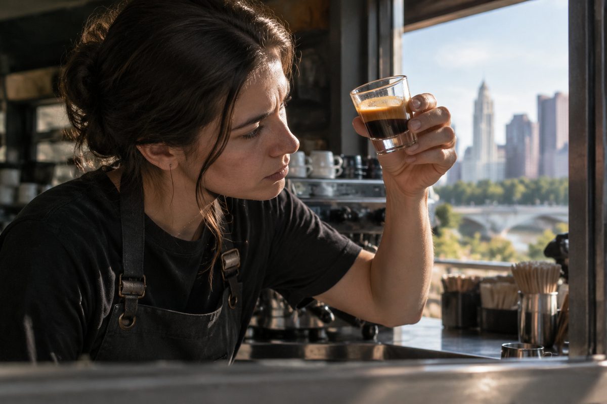 Barista inspecting freshly pulled shot for crema balance and clarity